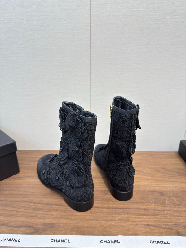 CC 25b Camellia Flower Short Boots 40mm Black Mesh & Frabic 429749
