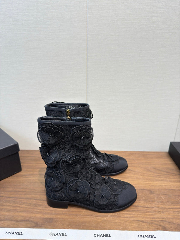 CC 25b Camellia Flower Short Boots 40mm Black Mesh & Frabic 429749