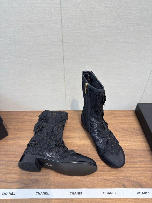 CC 25b Camellia Flower Short Boots 40mm Black Mesh & Frabic 429749