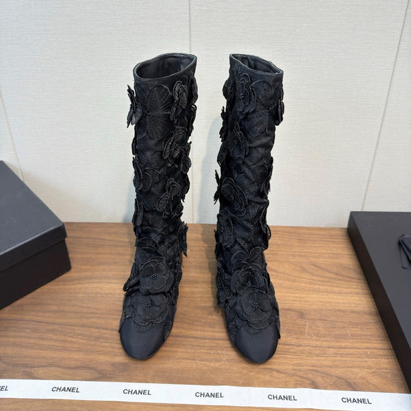 CC 25b Camellia Flower Long Boots 40mm Black Mesh & Frabic 429750