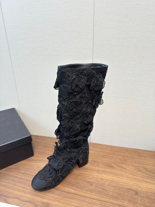 CC 25b Camellia Flower Long Boots 40mm Black Mesh & Frabic 429750