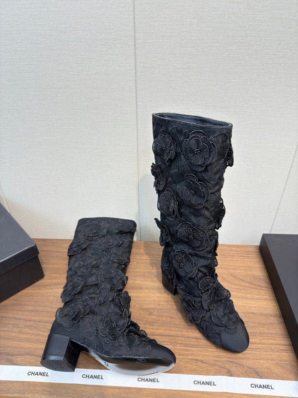 CC 25b Camellia Flower Long Boots 40mm Black Mesh & Frabic 429750