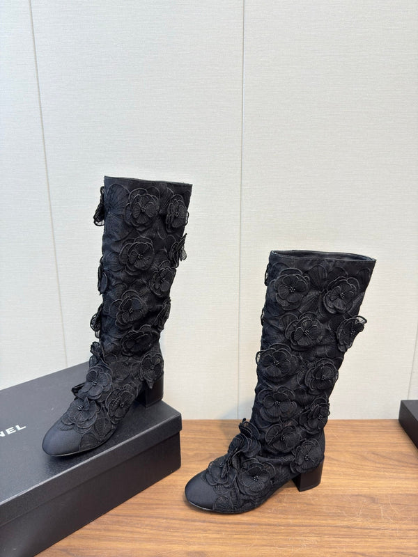 CC 25b Camellia Flower Long Boots 40mm Black Mesh & Frabic 429750