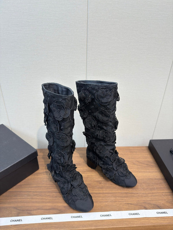 CC 25b Camellia Flower Long Boots 40mm Black Mesh & Frabic 429750