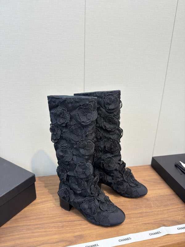 CC 25b Camellia Flower Long Boots 40mm Black Mesh & Frabic 429750