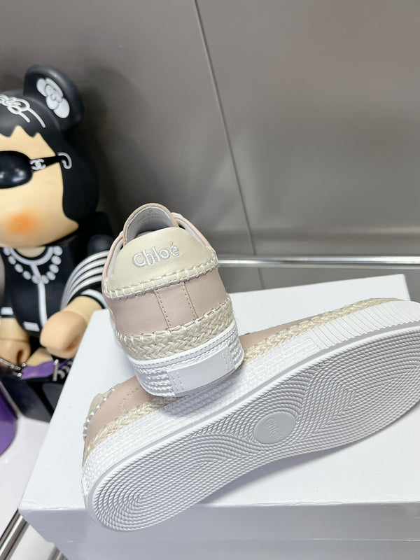 CHLOÉ TELMA LACE-UP SNEAKER IN DESERT SAND LAMBSKIN AND RAFFIA