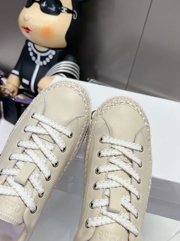 CHLOÉ TELMA LACE-UP SNEAKER IN CREAM BEIGE LAMBSKIN AND RAFFIA