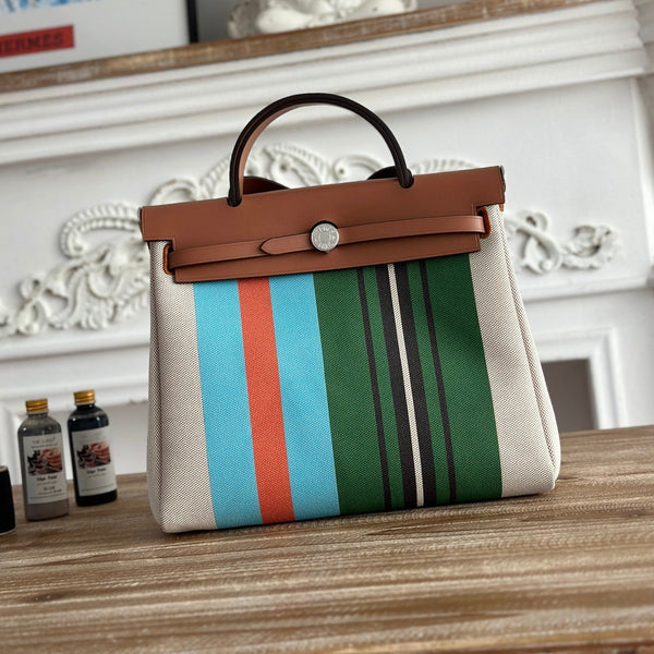 BORSA HERBAG ZIP 31 LACCATA IN TELA VERDE MIX BLU H PLUME