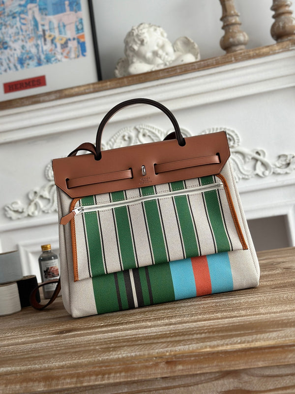 BORSA HERBAG ZIP 31 LACCATA IN TELA VERDE MIX BLU H PLUME