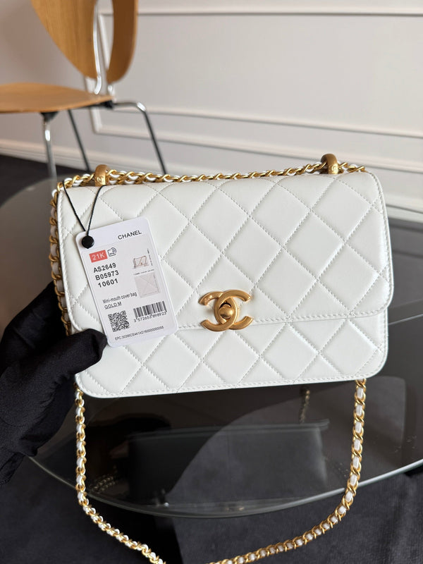 Mini Flap 22cm Pelle di agnello bianca Hardware dorato