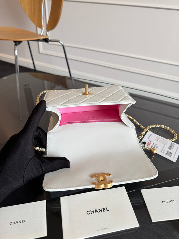 Mini Flap 22cm Pelle di agnello bianca Hardware dorato