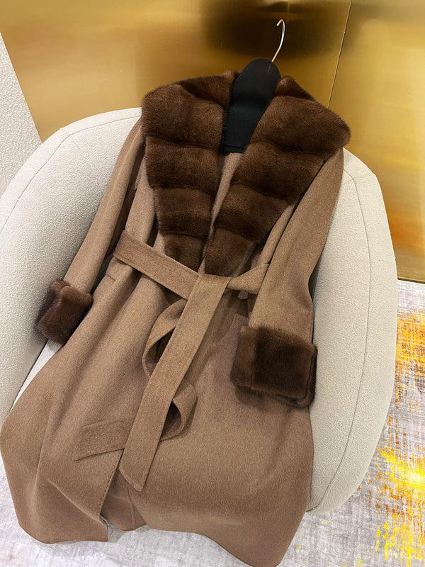 LP 25 Deep V-neck Long Coat Brown Cashmere Fur 303964