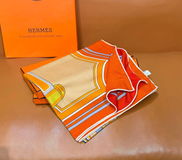 HM Les Roues de Phaeton Scarf 140x140cm Orange Yellow Silk Cashmere 269483