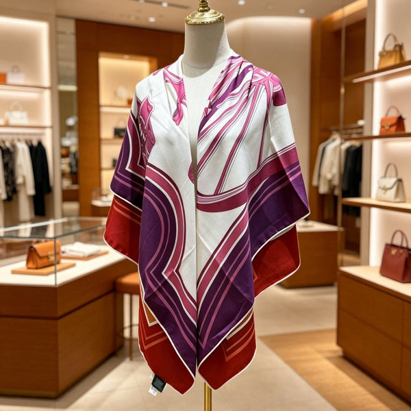 HM Les Roues de Phaeton Scarf 140x140cm Purple White Silk Cashmere 269477