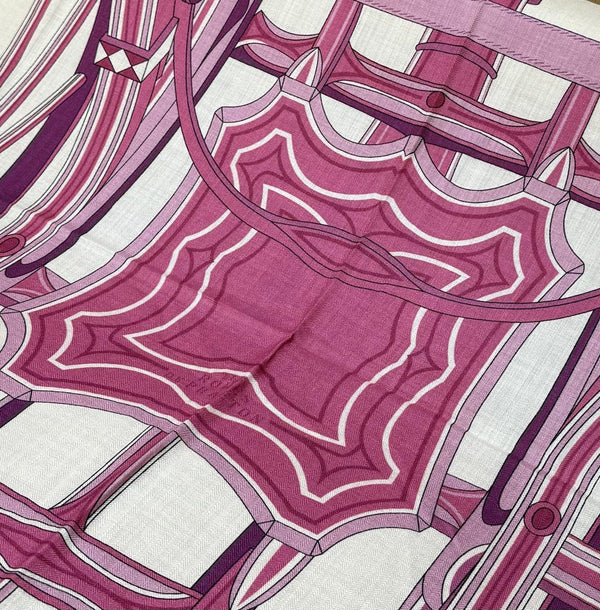 HM Les Roues de Phaeton Scarf 140x140cm Purple White Silk Cashmere 269477