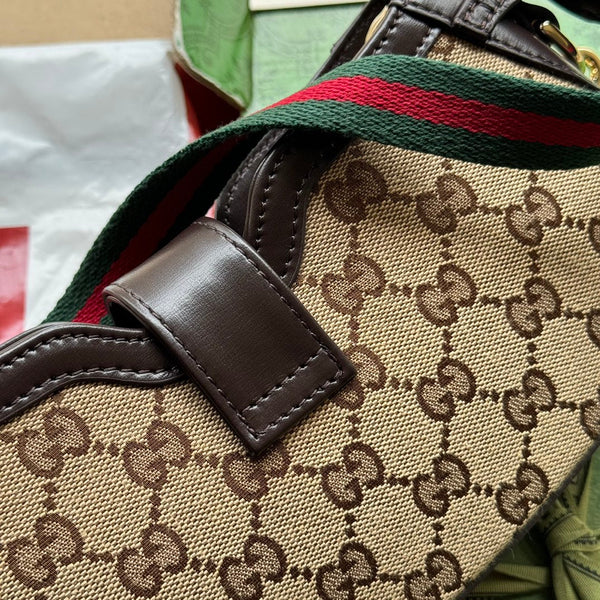 BORSA A TRACOLLA MOON SIDE 24 IN TELA BEIGE E RIFINITURE IN PELLE MARRONE SCURO