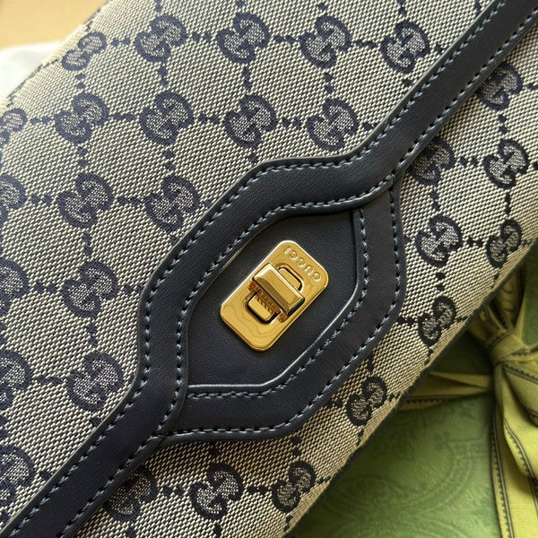 BORSA A TRACOLLA LUCE MEDIA 36 IN TELA GRIGIO CHIARO E BORDI IN PELLE DI VITELLO NERA, FERRAMENTA ORO