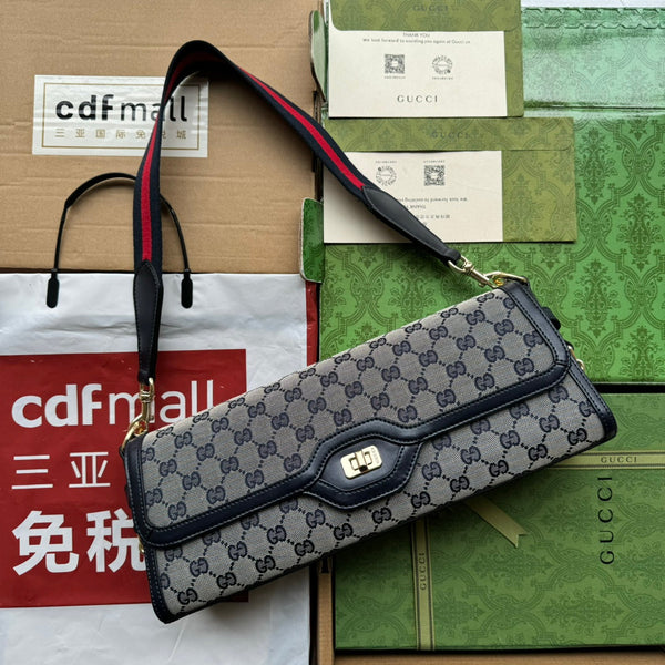 BORSA A TRACOLLA LUCE MEDIA 36 IN TELA GRIGIO CHIARO E BORDI IN PELLE DI VITELLO NERA, FERRAMENTA ORO