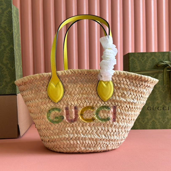 BORSA TOTE PICCOLA 20 CON LOGO IN PAGLIA COLOR NATURALE E MANICO IN PELLE DI VITELLO GIALLA