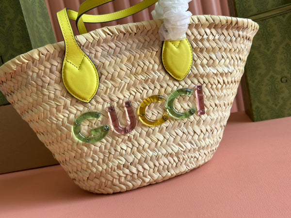 BORSA TOTE PICCOLA 20 CON LOGO IN PAGLIA COLOR NATURALE E MANICO IN PELLE DI VITELLO GIALLA