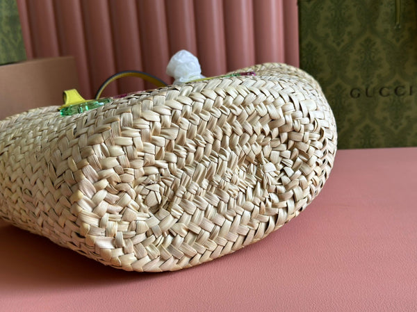 BORSA TOTE PICCOLA 20 CON LOGO IN PAGLIA COLOR NATURALE E MANICO IN PELLE DI VITELLO GIALLA