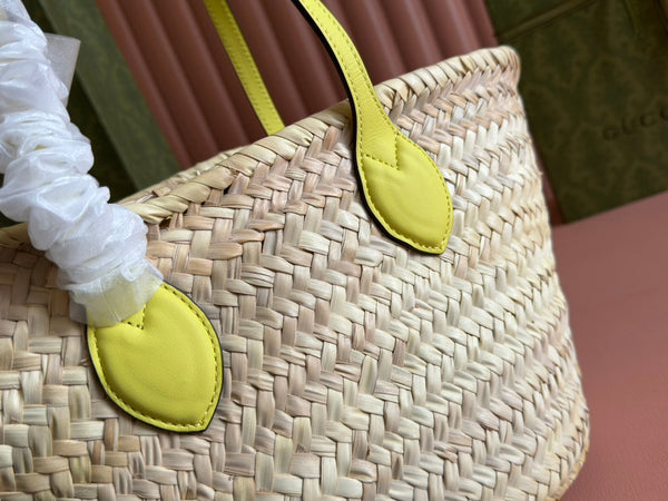 BORSA TOTE PICCOLA 20 CON LOGO IN PAGLIA COLOR NATURALE E MANICO IN PELLE DI VITELLO GIALLA