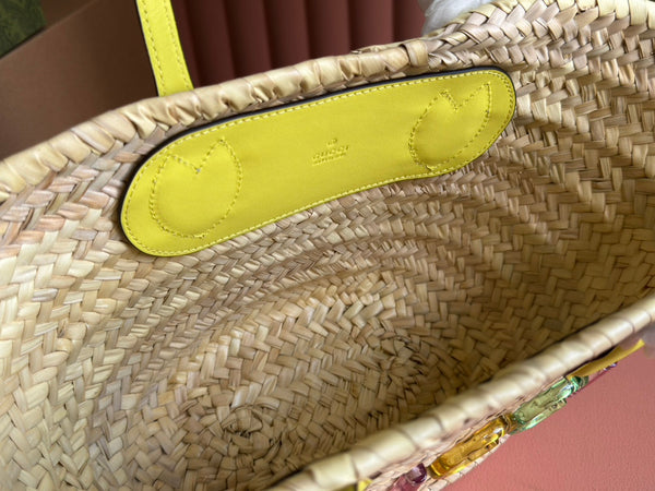 BORSA TOTE PICCOLA 20 CON LOGO IN PAGLIA COLOR NATURALE E MANICO IN PELLE DI VITELLO GIALLA