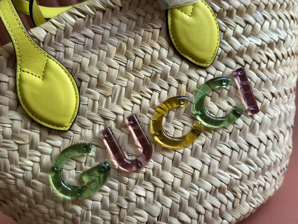 BORSA TOTE PICCOLA 20 CON LOGO IN PAGLIA COLOR NATURALE E MANICO IN PELLE DI VITELLO GIALLA