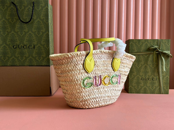 BORSA TOTE PICCOLA 20 CON LOGO IN PAGLIA COLOR NATURALE E MANICO IN PELLE DI VITELLO GIALLA