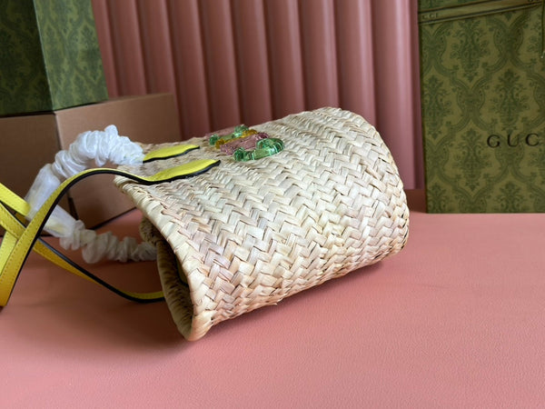 BORSA TOTE PICCOLA 20 CON LOGO IN PAGLIA COLOR NATURALE E MANICO IN PELLE DI VITELLO GIALLA