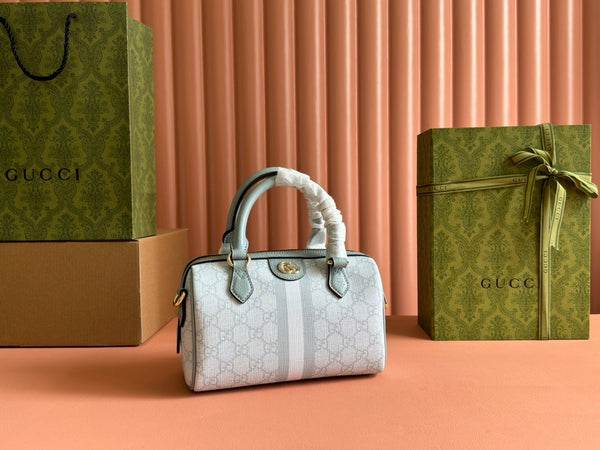 BORSA A MANO OPHIDIA 21 IN TELA MONOGRAMMA GRIGIO-VERDE E FINITURE IN PELLE DI VITELLO, FERRAMENTA ORO