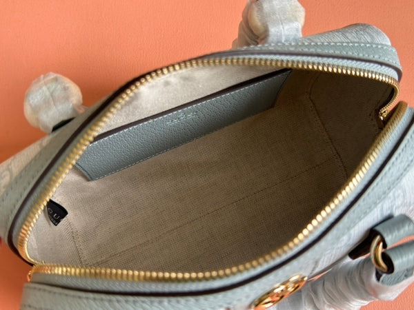 BORSA A MANO OPHIDIA 21 IN TELA MONOGRAMMA GRIGIO-VERDE E FINITURE IN PELLE DI VITELLO, FERRAMENTA ORO