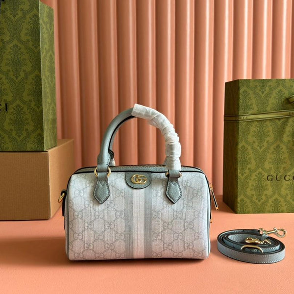 BORSA A MANO OPHIDIA 21 IN TELA MONOGRAMMA GRIGIO-VERDE E FINITURE IN PELLE DI VITELLO, FERRAMENTA ORO