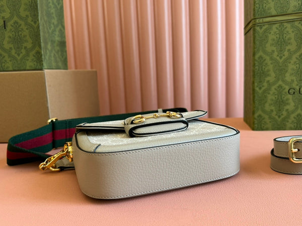 Gucci Horsebit 20.5 Bag Beige mix White Leather Canvas 244257