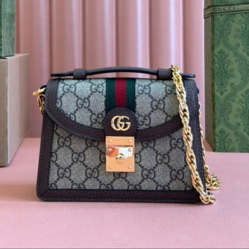 Borsa Gucci Ophidia 17,5 cm in tela e pelle marrone ebano 248489