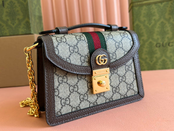 Borsa Gucci Ophidia 17,5 cm in tela e pelle marrone ebano 248489