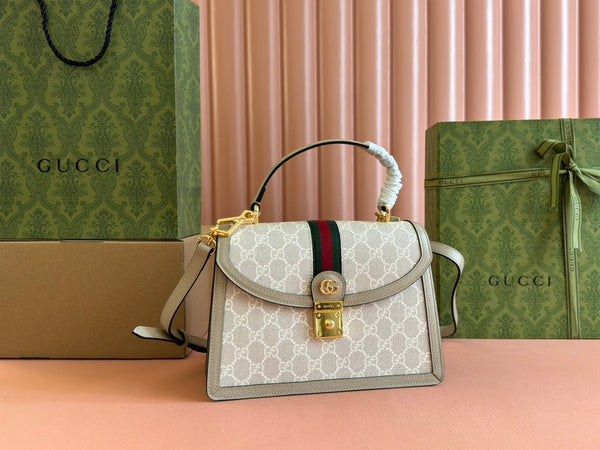 Borsa Gucci Ophidia 25cm Beige Bianco Tela Pelle 248494