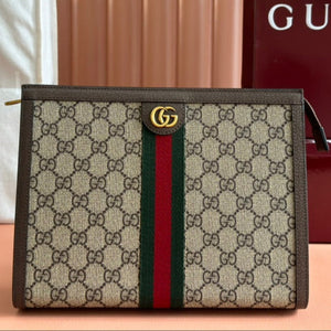 Pochette Gucci Ophidia 27cm toile ébène cuir marron 239914
