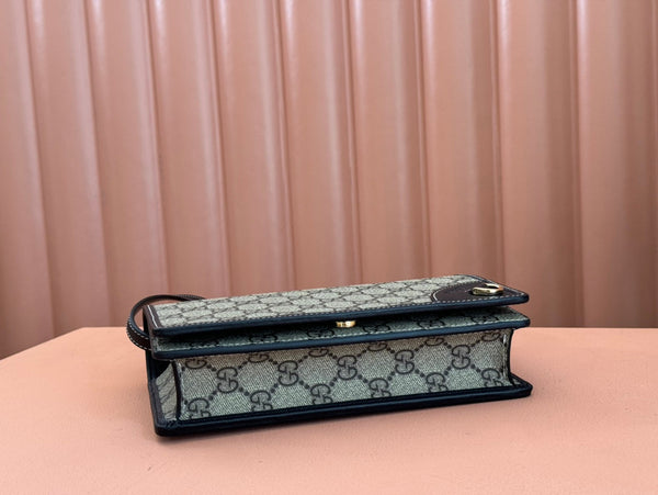 Gucci Emblem Mini Shoulder Bag Beige Blue Canvas Leather 244492