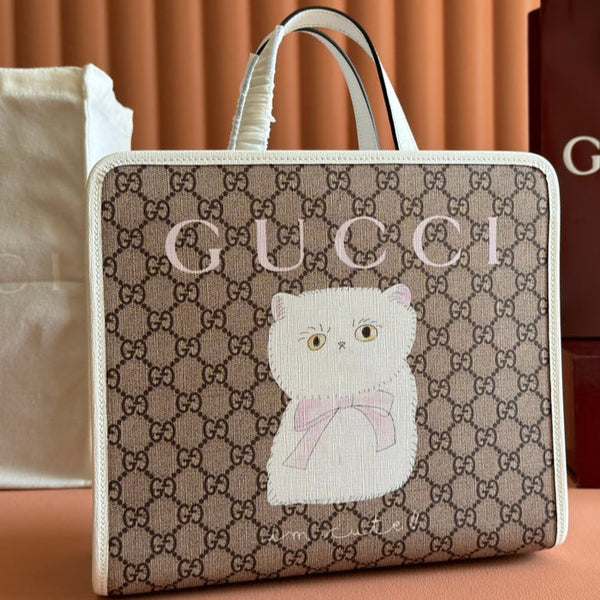 Gucci Cat Print Tote Bag White Beige Canvas 231241