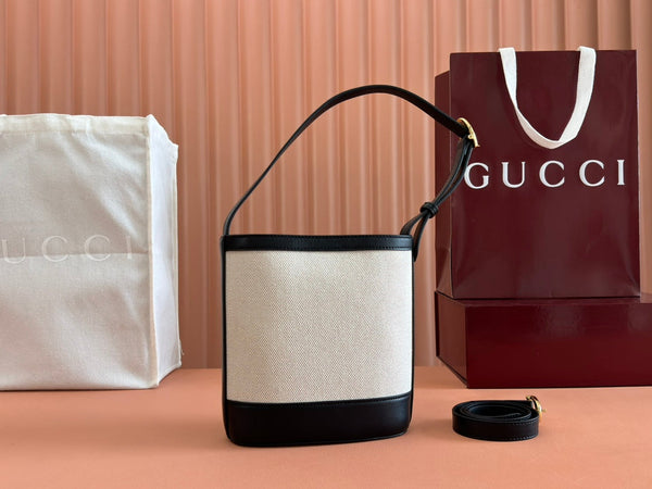 Gucci 73 Mini Bucket Bag Black White Leather Canvas 239679