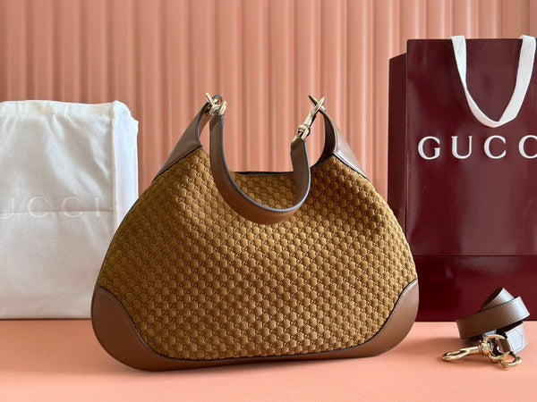 Gucci Body Double Lock Handbag Brown Velvet Embossed Leather 244512