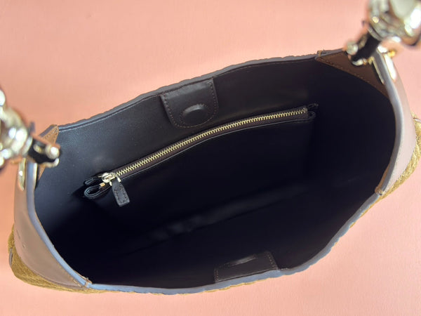 Gucci Body Double Lock Handbag Brown Velvet Embossed Leather 244512