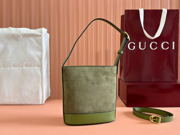 Gucci 73 Mini 20cm Bucket Bag Green Suede Leather 244449