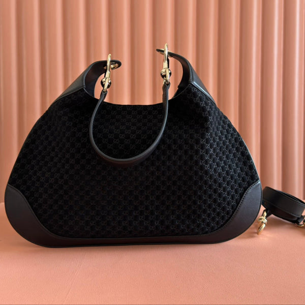 Gucci Body Double Lock Handbag Black Velvet Embossed Leather 248133