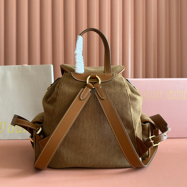 Miu Corduroy Backpack Brown Suede 273210