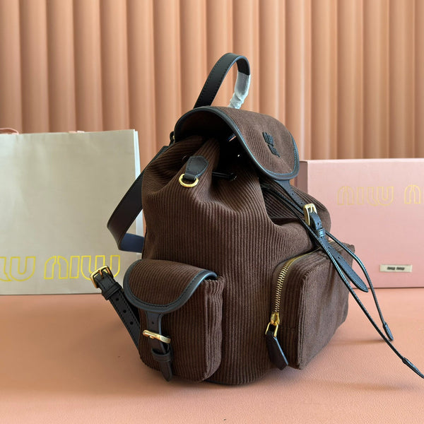 Miu Medium Corduroy Backpack Dark Brown Leather-Trim
