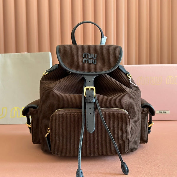 Miu Medium Corduroy Backpack Dark Brown Leather-Trim
