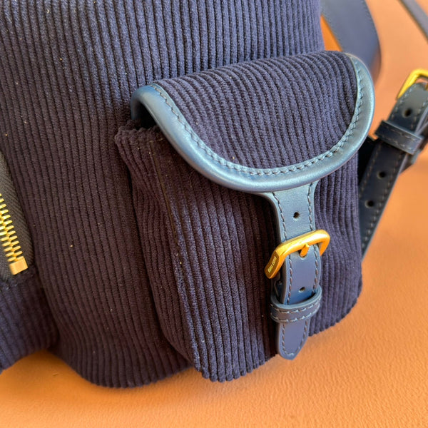 Miu Medium Corduroy Backpack Navy Blue Leather-Trim