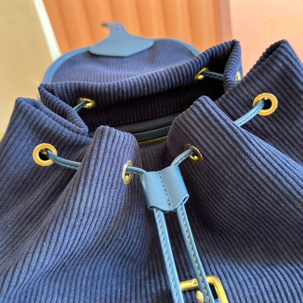 Miu Medium Corduroy Backpack Navy Blue Leather-Trim